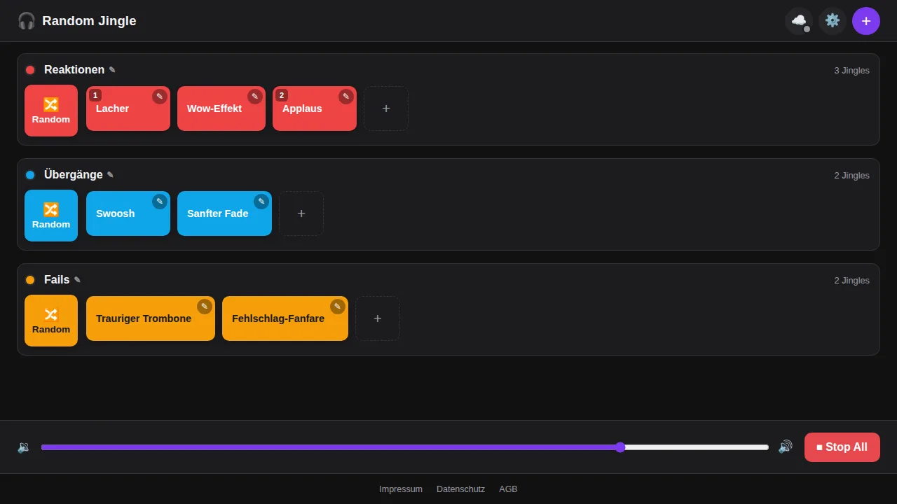 Snímek obrazovky hlavního zobrazení Random Jingle s kategoriemi Reakce, Přechody a Trapasy, barevnými tlačítky znělek a tlačítkem náhody